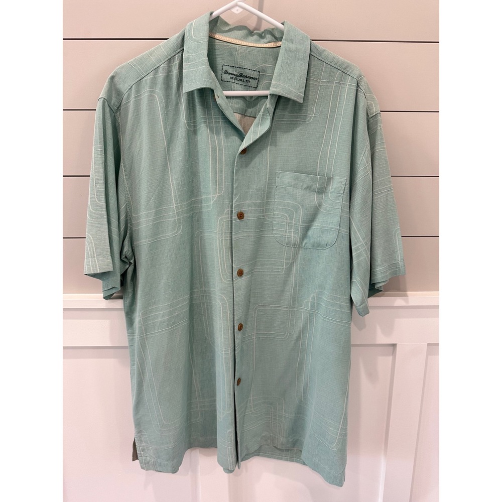 Tommy Bahama Mens Large Silk Shirt‎ Seafoam Green Geometric Square Original Fit